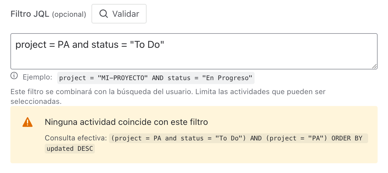 Vista previa de JQL sin resultados
