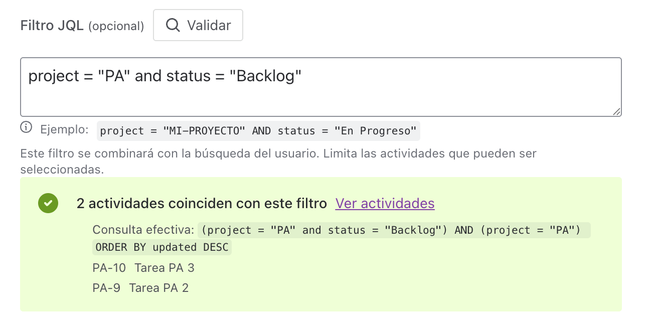Vista previa de JQL con resultados
