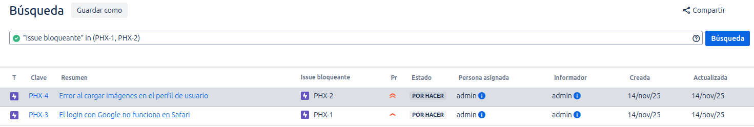 búsqueda jql operador IN