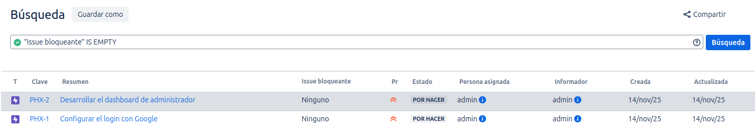 búsqueda jql operador IS EMPTY