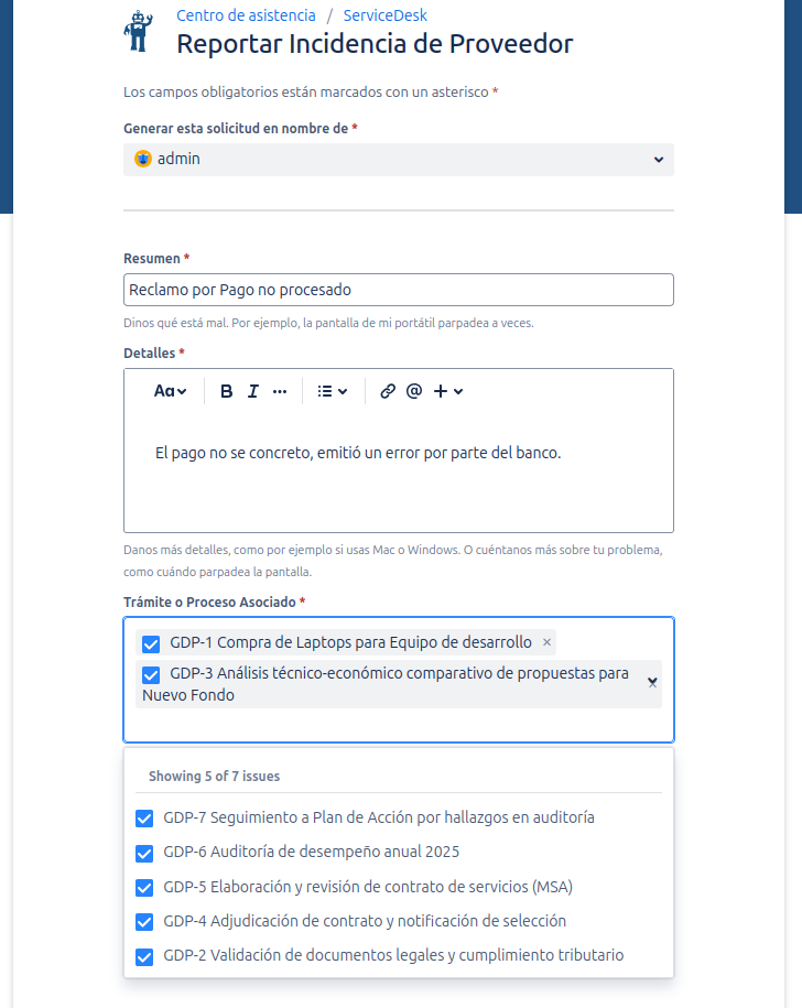 Issues seleccionados en el campo