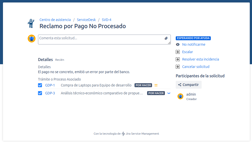 Vista de la solicitud en el portal con issues seleccionados