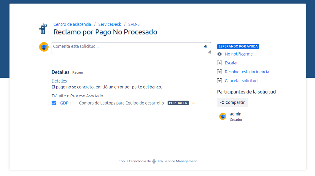Vista de la solicitud en el portal con issues seleccionados