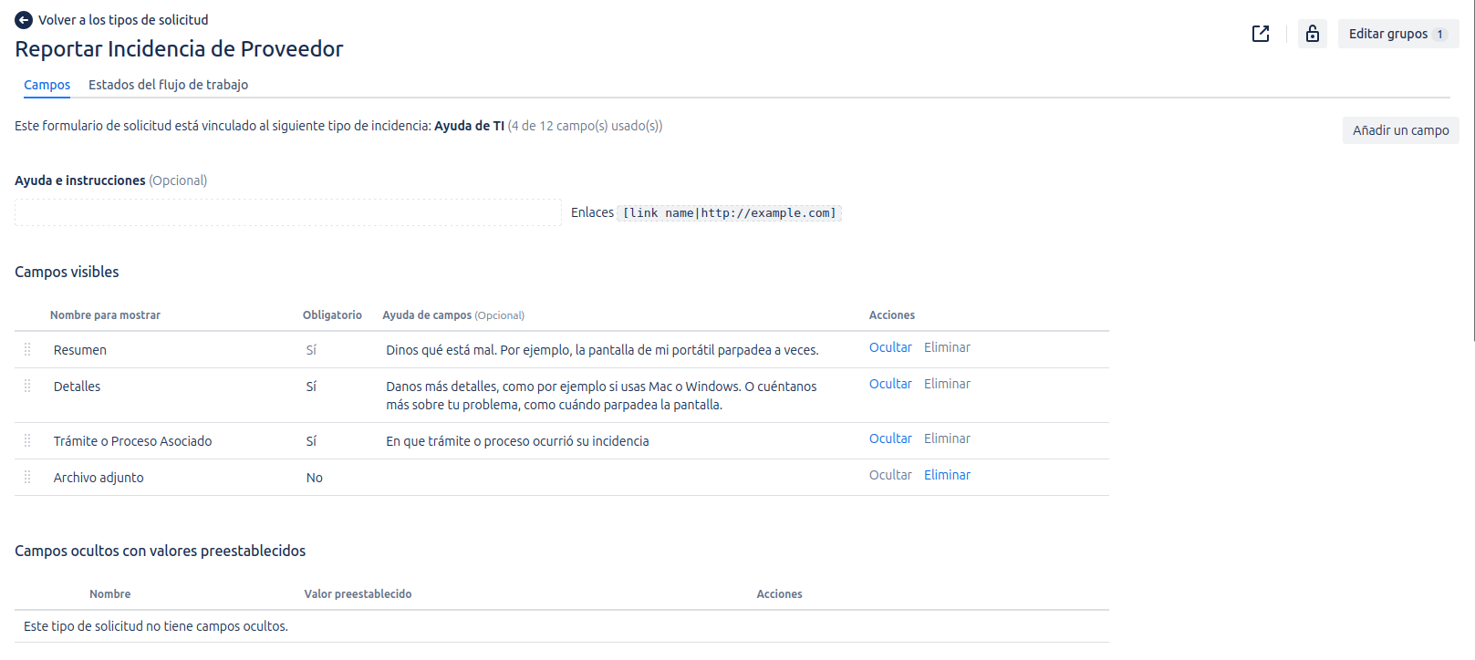 Vista de la solicitud en el portal con issues seleccionados