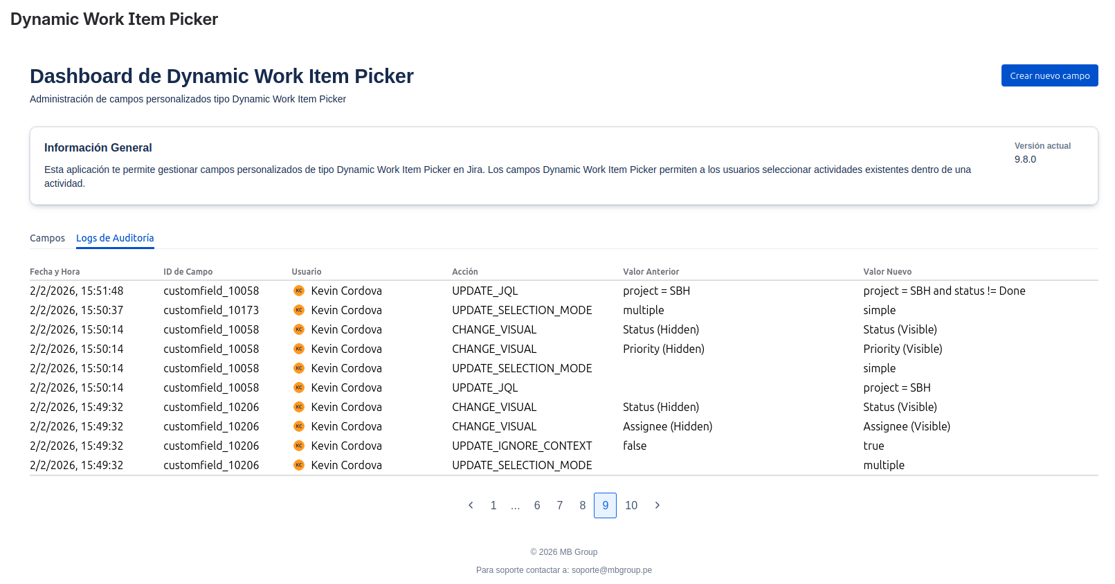 Lista de logs de auditoria