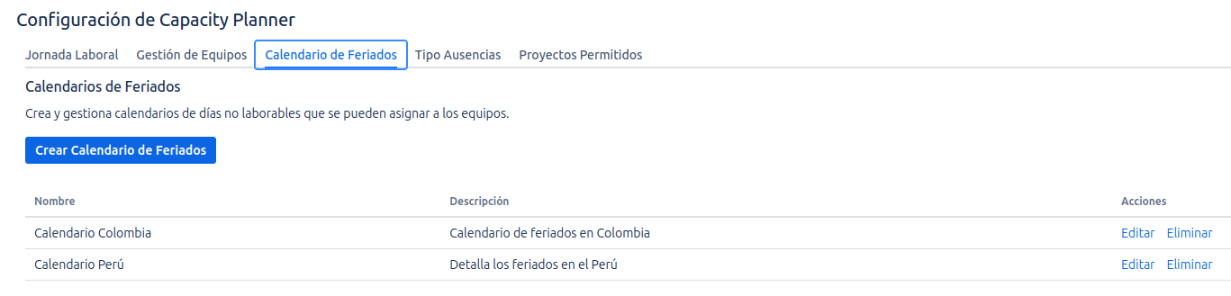 Creación de Calendario de Feriados