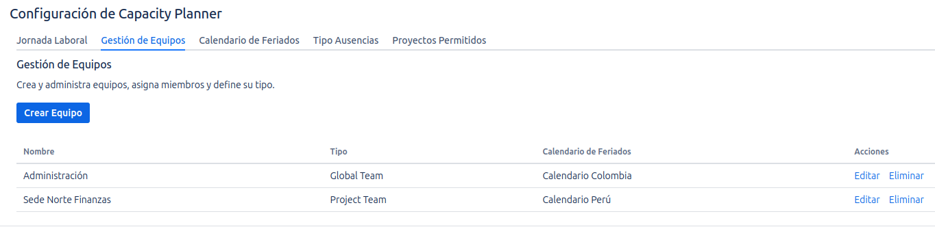 Vista de Gestión de Equipos