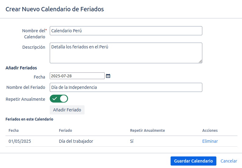 Creación de Calendario de Feriados