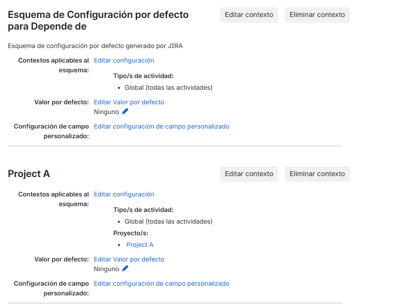 Lista de contextos configurados