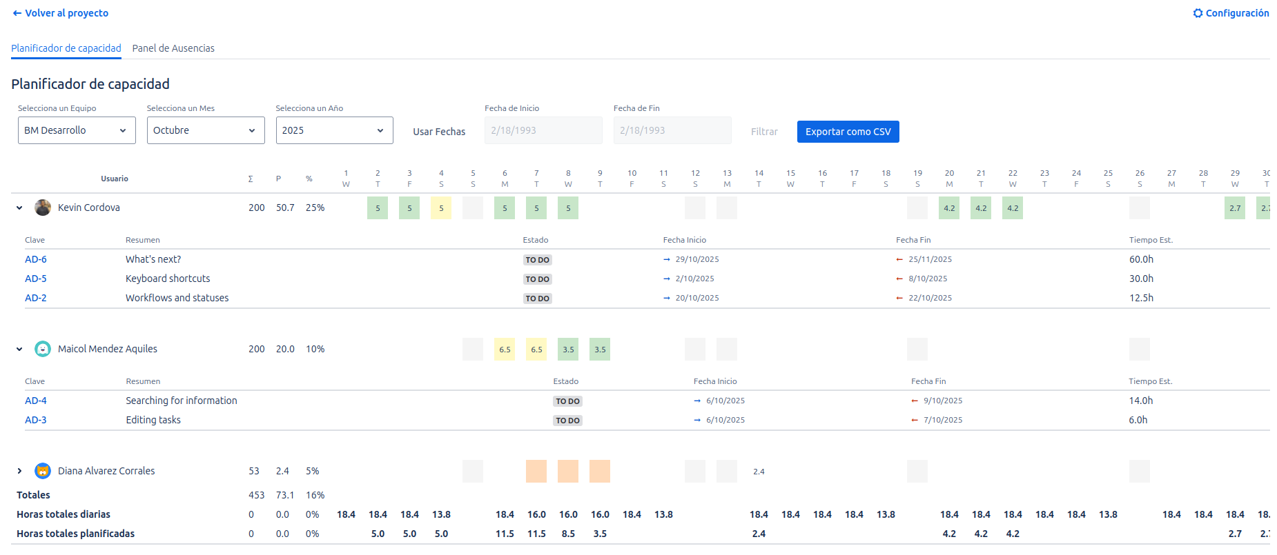Vista del desglose de issues