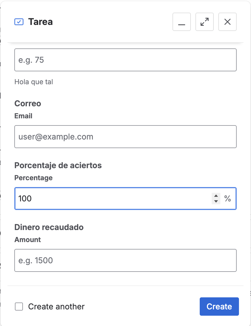Campo Percentage en el diálogo de creación de issue