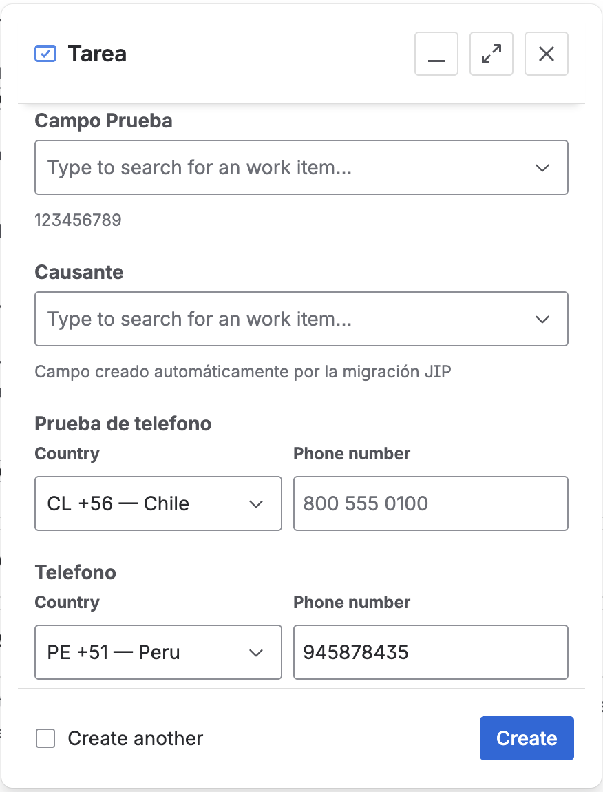 Campo Phone Number en el diálogo de creación de issue