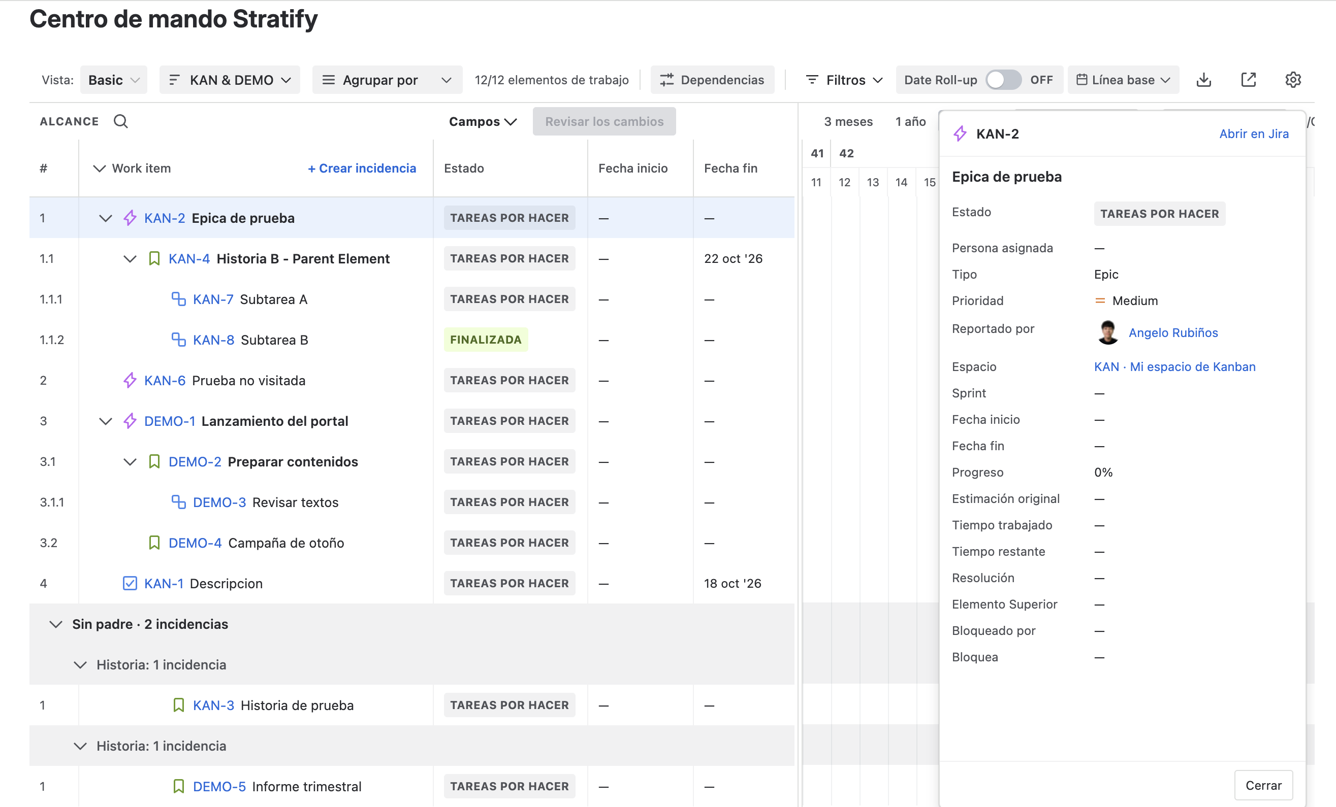 Panel de preview de un work item dentro del Gantt