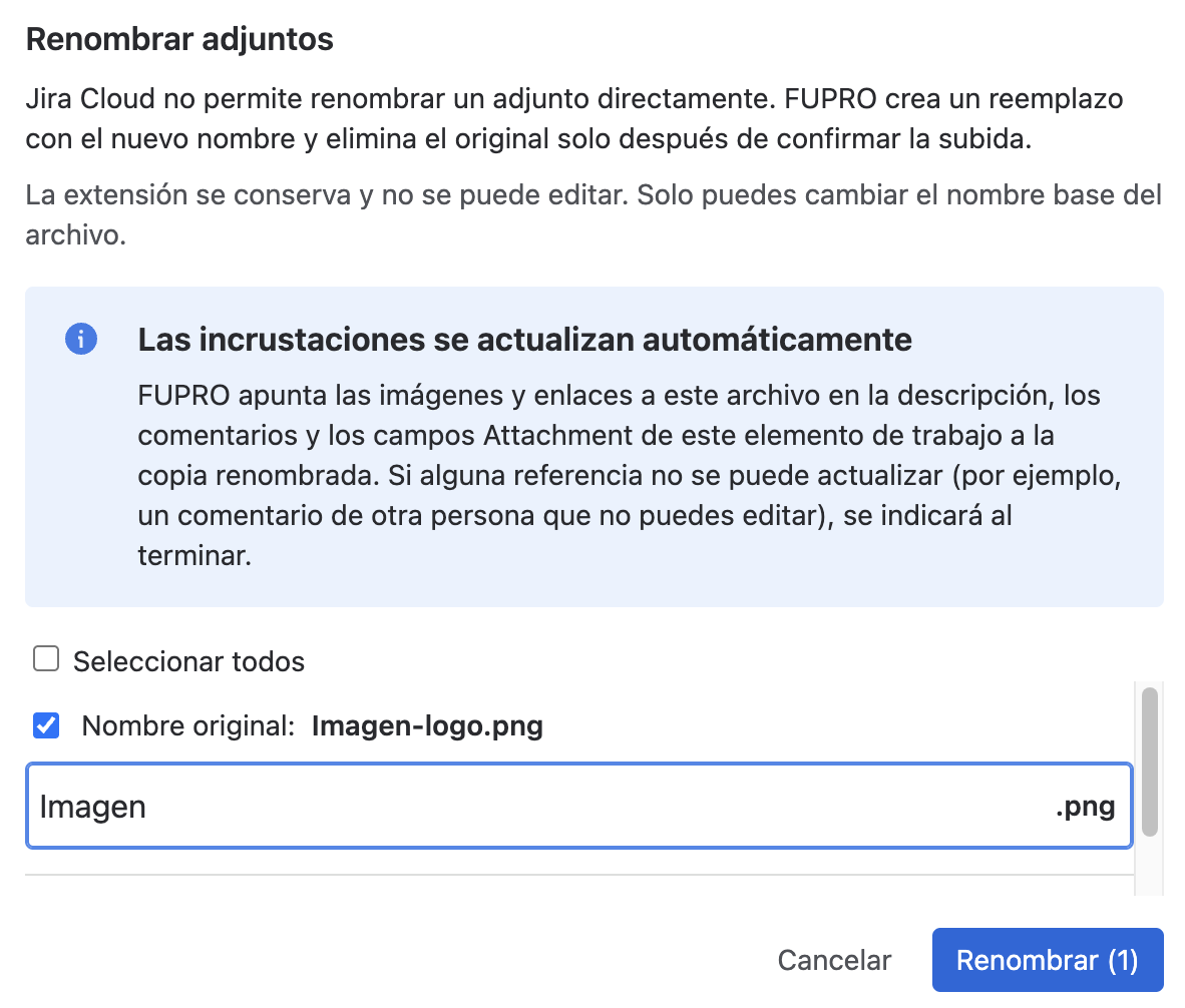 Nota informativa de Renombrar adjuntos: las incrustaciones se actualizan automáticamente