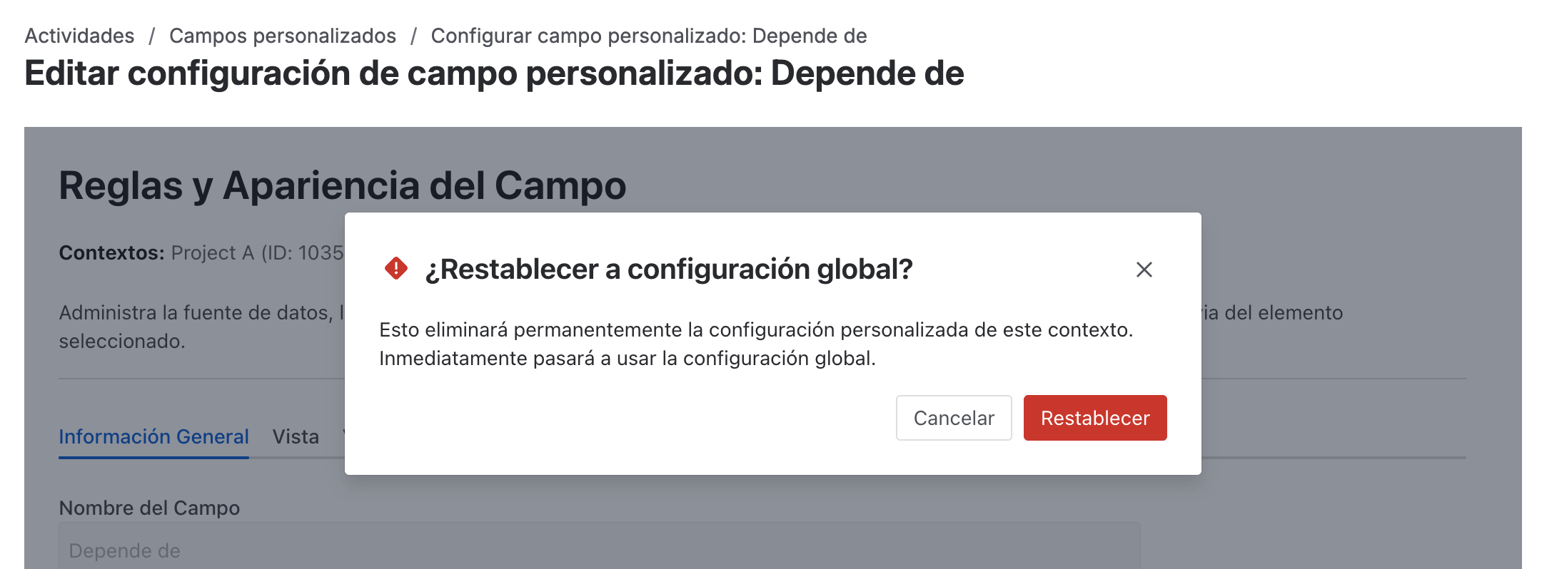 Confirmación de restablecimiento a valores globales