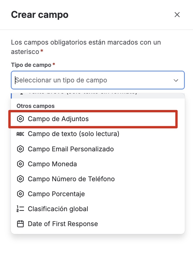 Selección del tipo Attachment Field en la pantalla de creación de campos personalizados de Jira