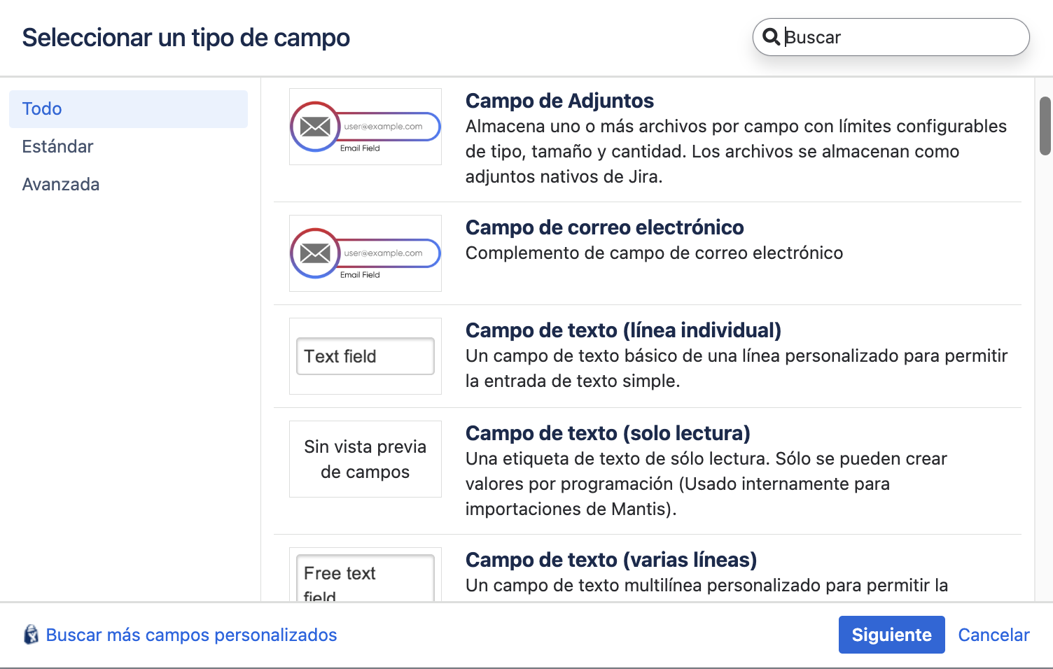 Campo de Adjuntos en la lista de tipos de campo de Jira