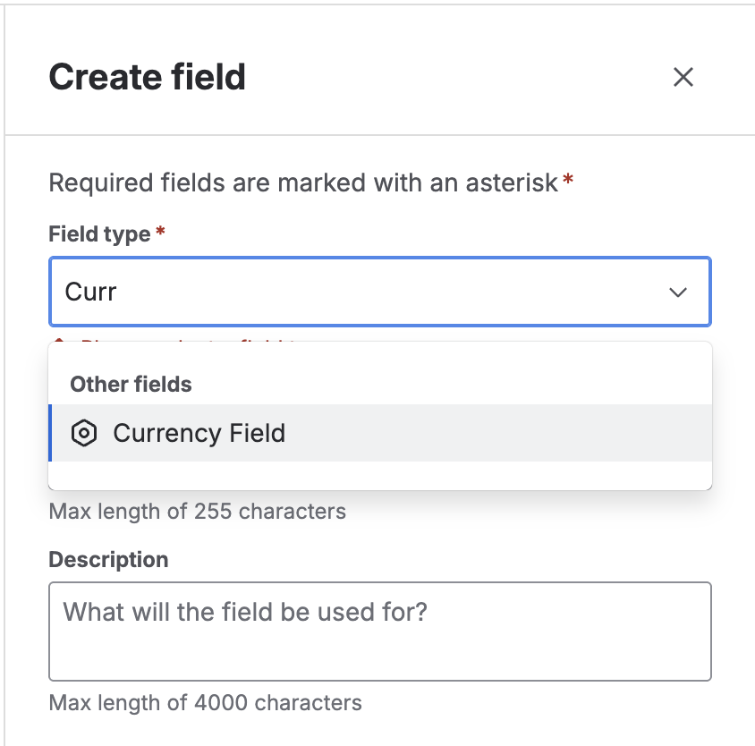 Selección del tipo Currency Field en Jira Cloud