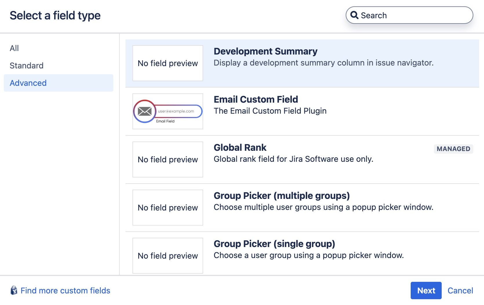 Email Custom Field en la lista de tipos de campo de Jira