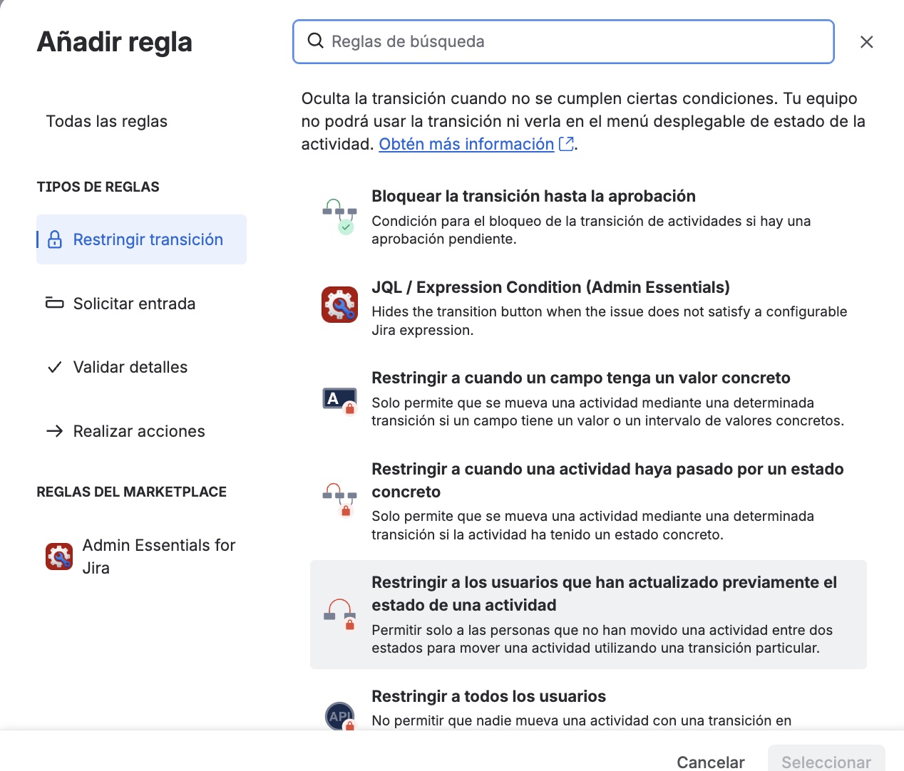 Selección de la condición Expression Condition en el editor de workflows de Jira Cloud
