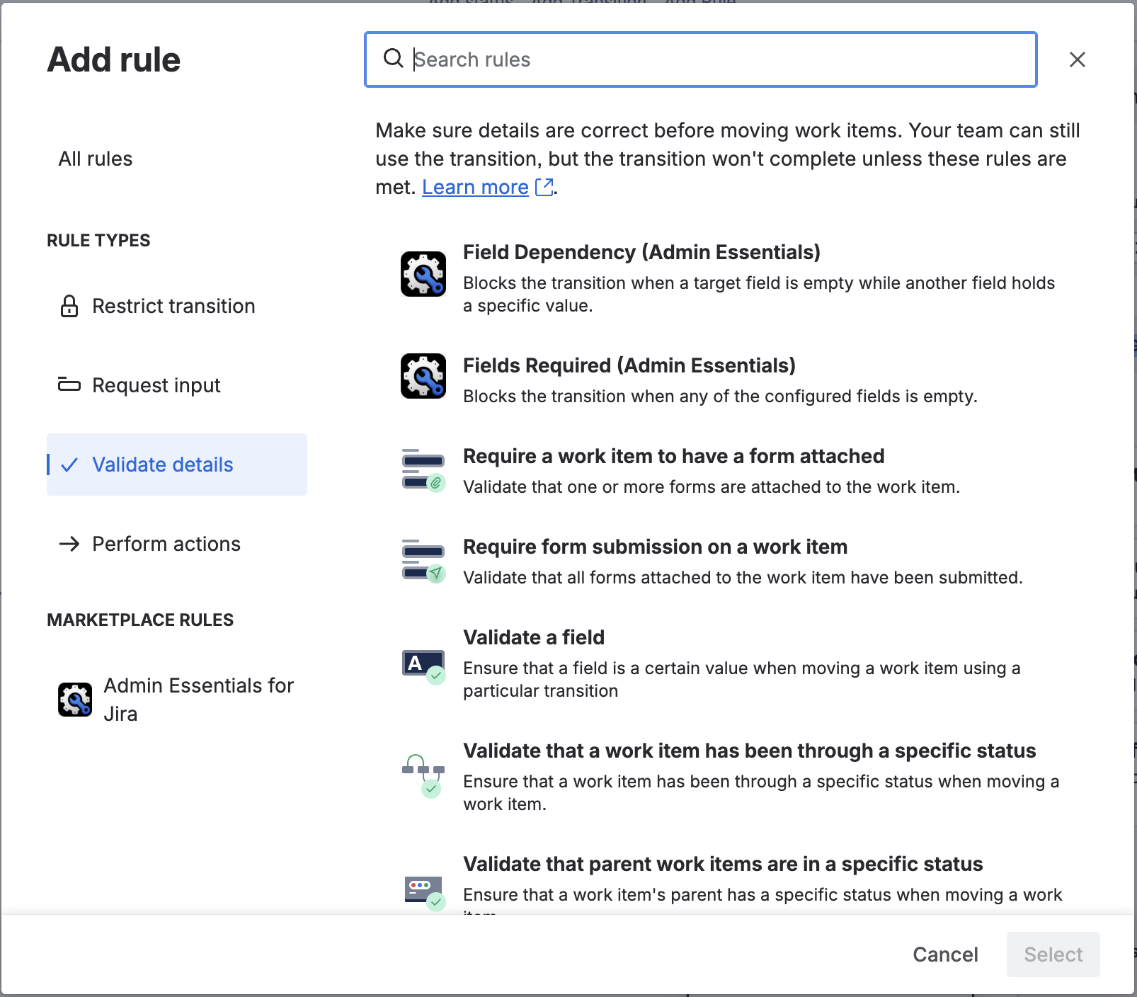 Selección del validador Field Dependency en el editor de workflows de Jira Cloud