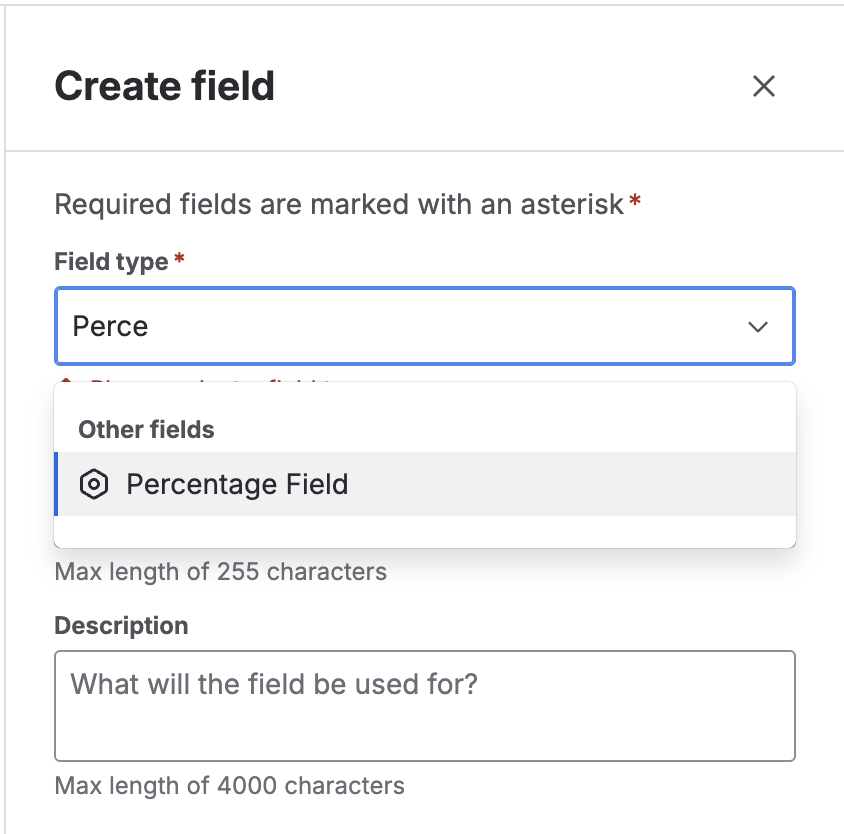 Selección del tipo Percentage Field en Jira Cloud
