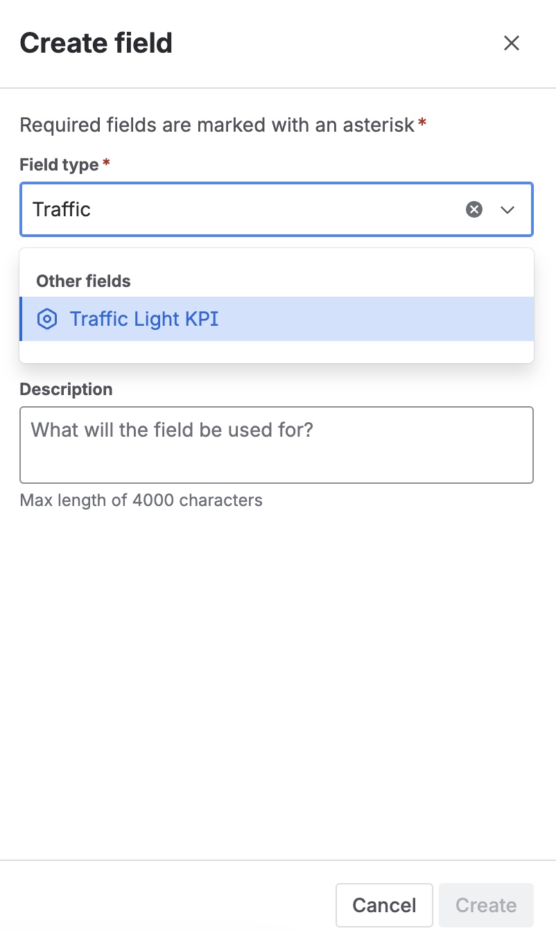 Selección del tipo Traffic Light KPI en Jira Cloud