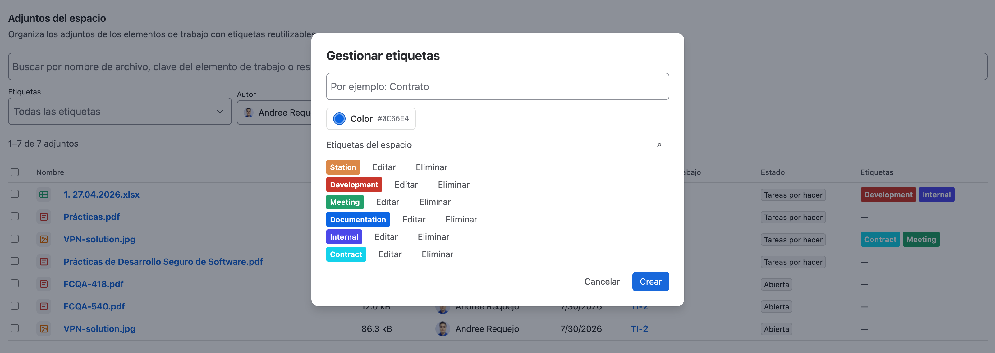 Botón Gestionar etiquetas en Adjuntos del espacio