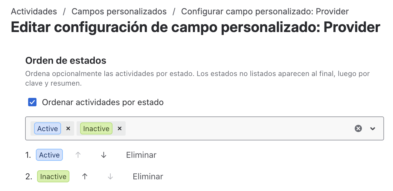 Configuración de orden de estados en la pestaña Vista