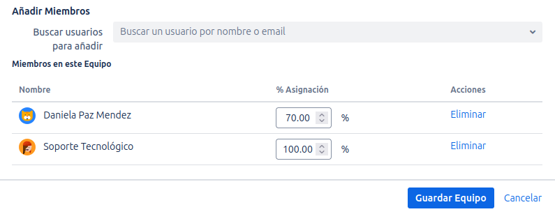 Vista de Gestión de Equipos