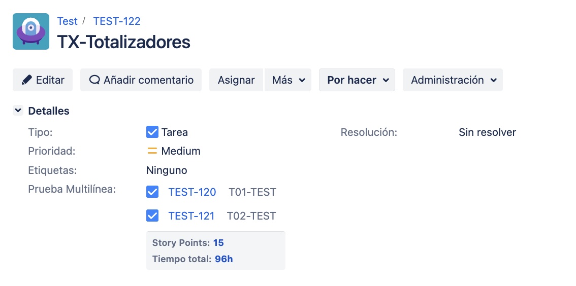 Barra de totalizadores con campos de time tracking en horas