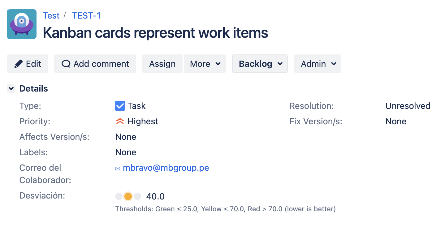 Vista del issue tras guardar la edición inline — valor y color actualizados