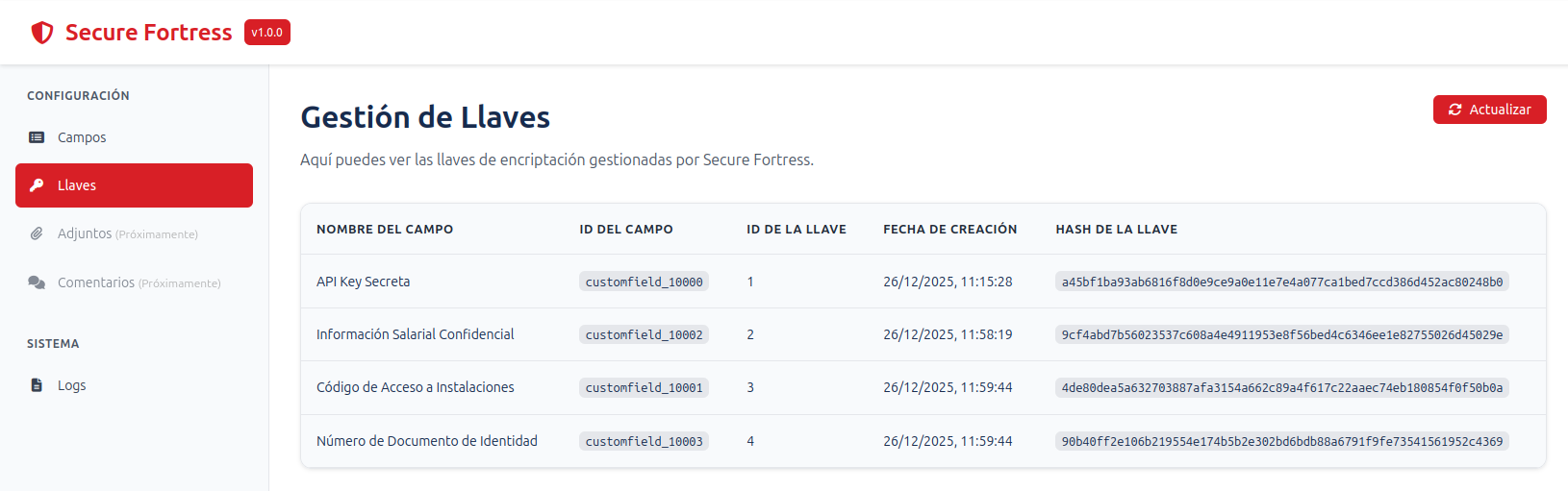 Vista de lista de claves