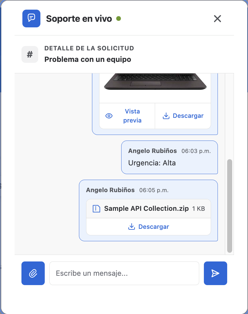 Archivo adjunto descargable en la conversación