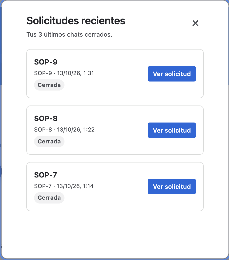 Historial de solicitudes recientes en el widget