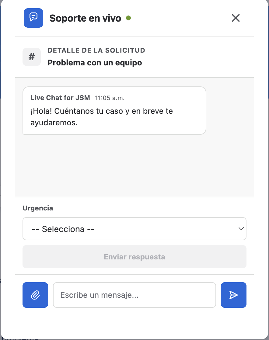 Mensaje inicial del equipo con pregunta de opciones