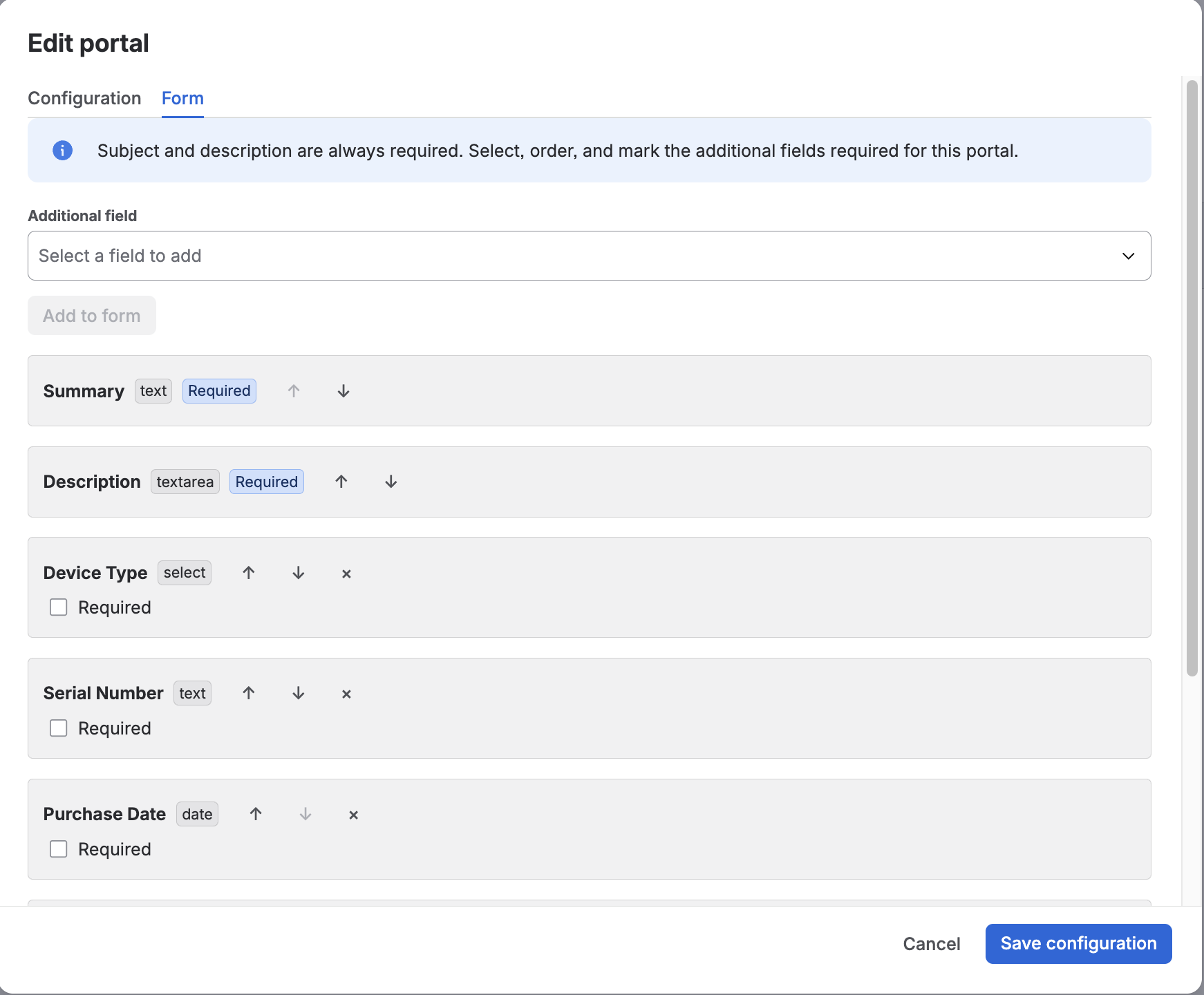 Initial form field configuration