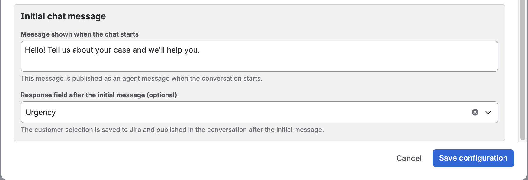 Initial chat message and optional response field