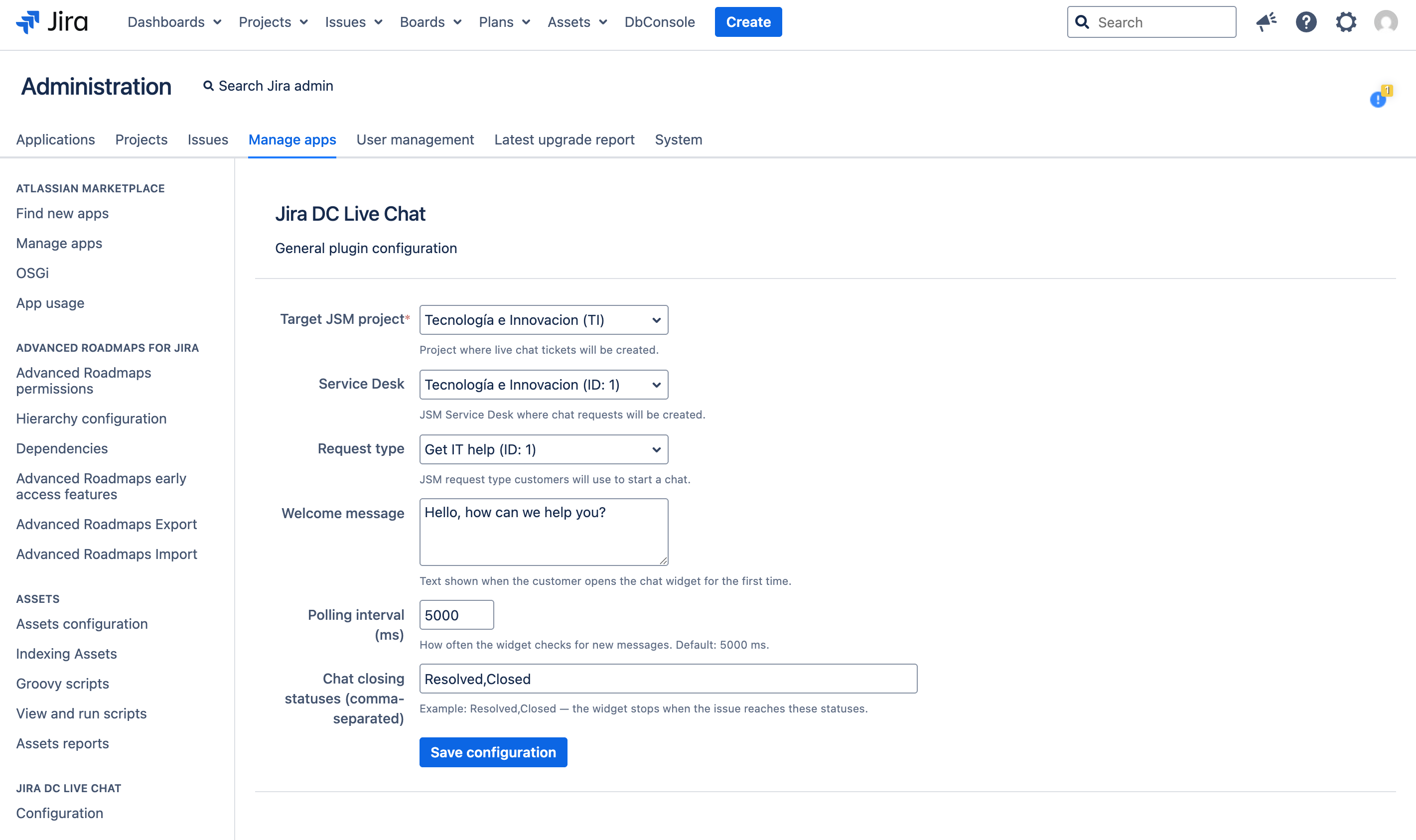 Jira Live Chat administration panel