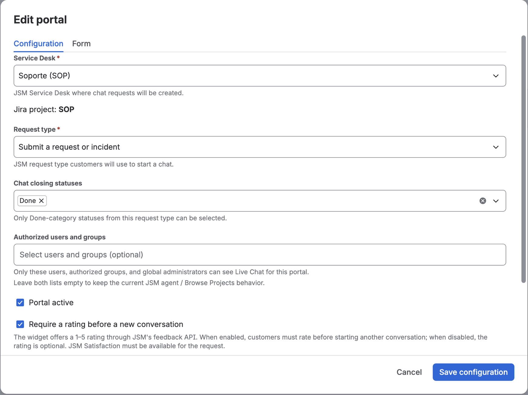 Portal configuration form