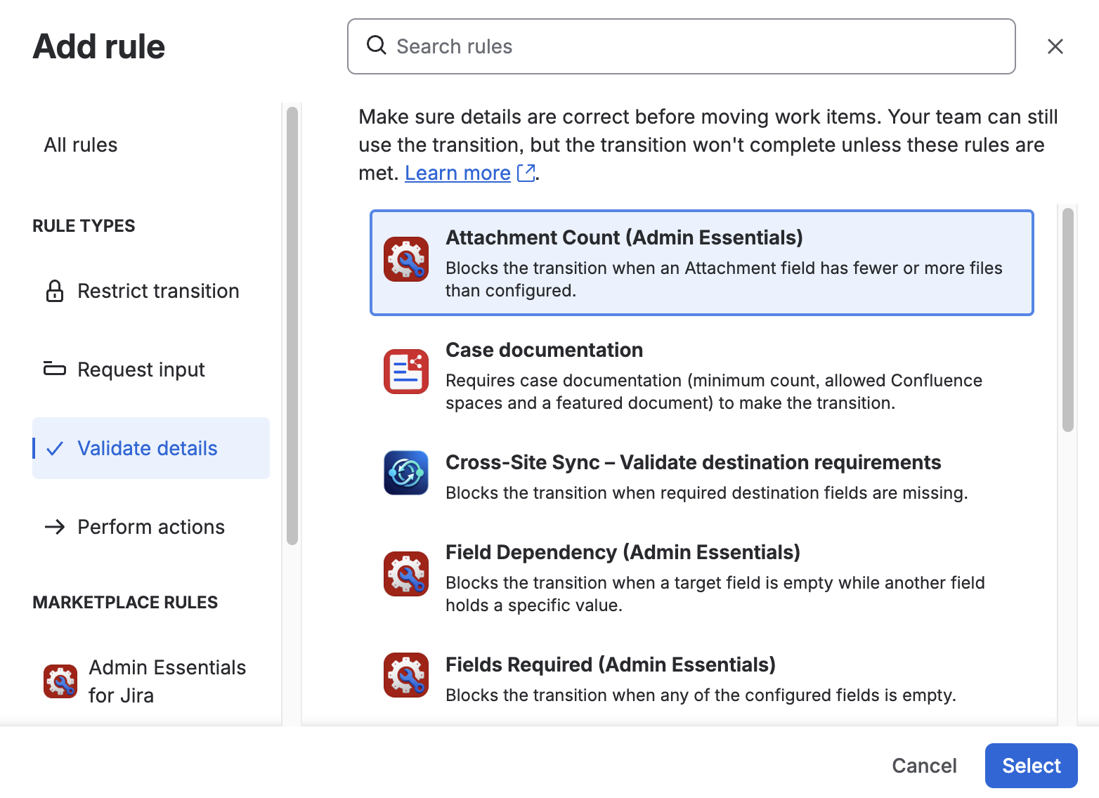 Selecting the Attachment Count validator in the Jira Cloud workflow editor
