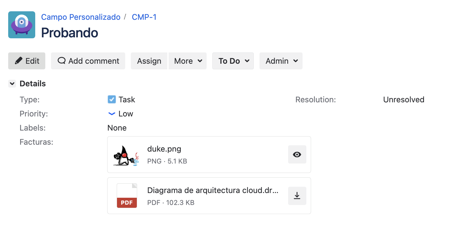 Attachment Field with several file cards on the issue view