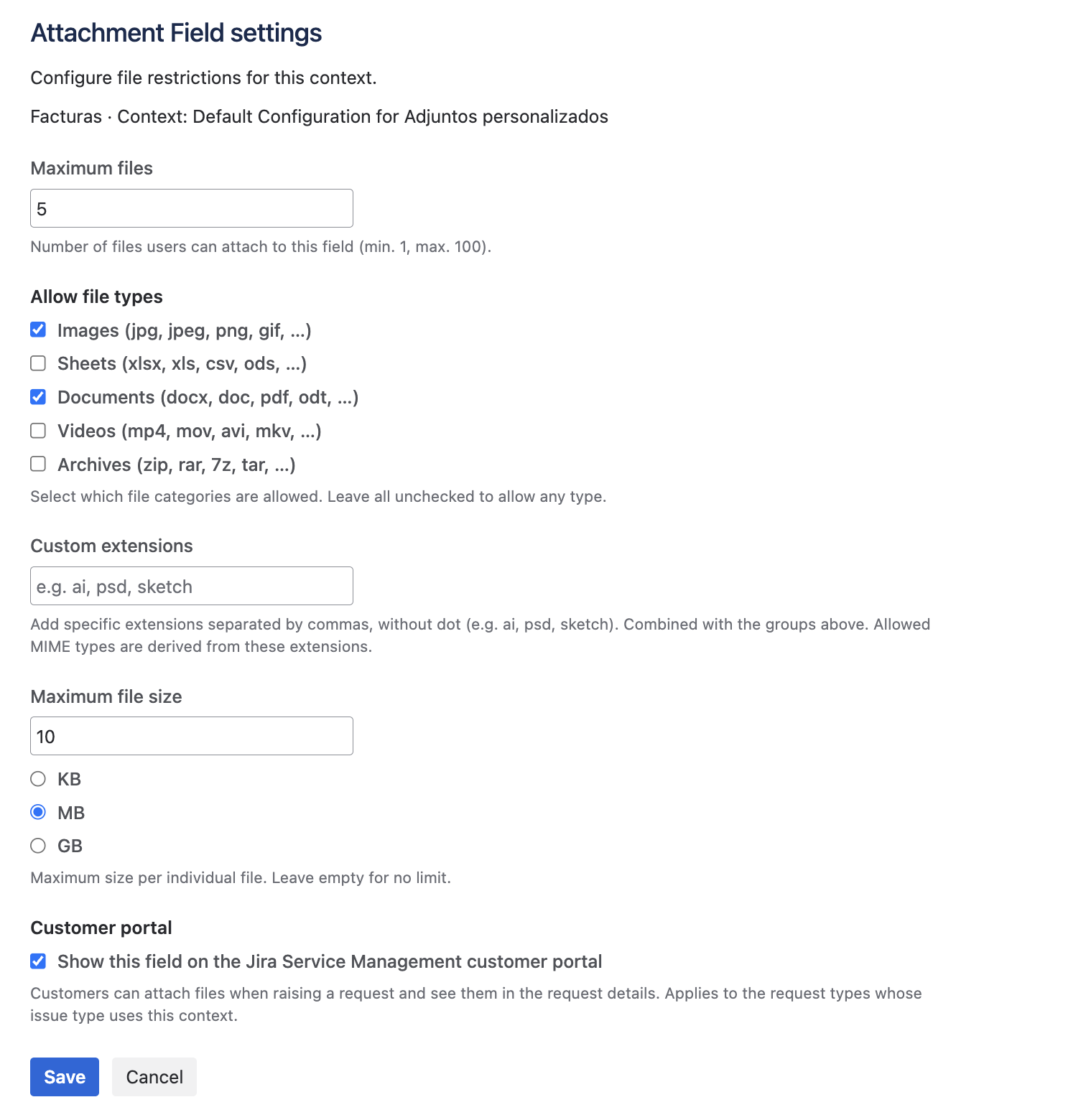 Attachment Field context configuration form with file limits