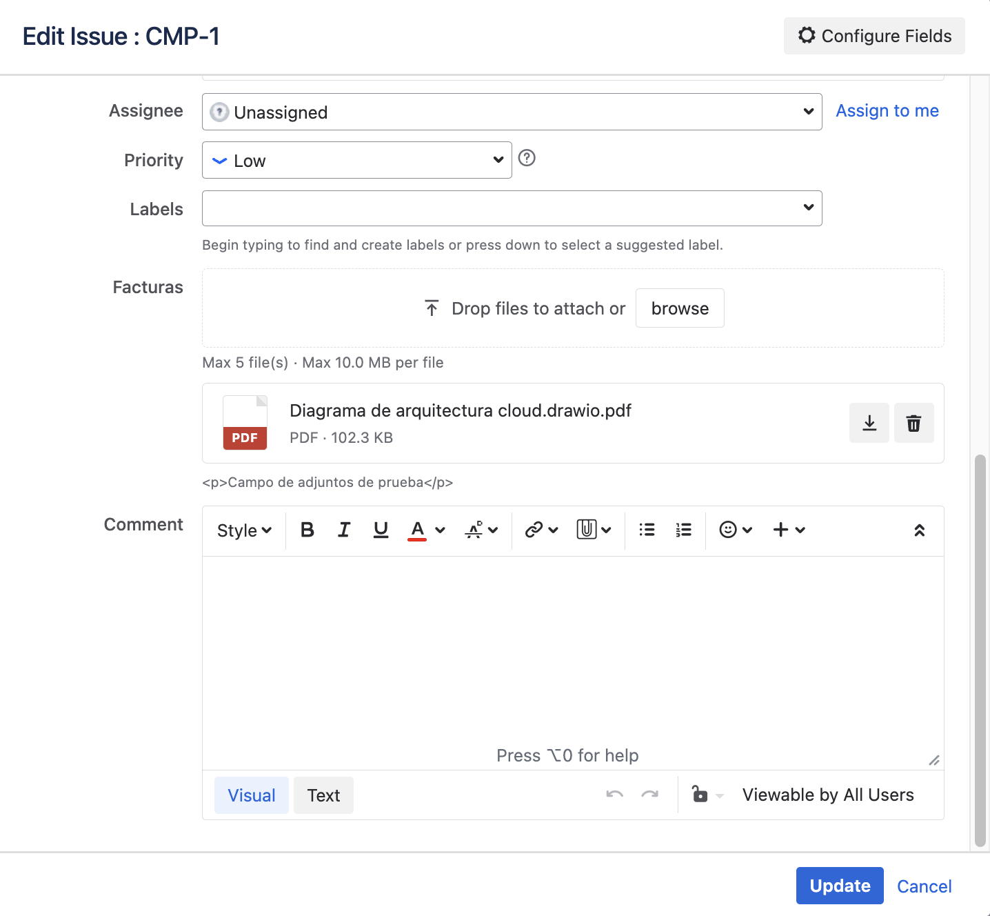 Edit Issue screen with the Attachment Field and its file upload area