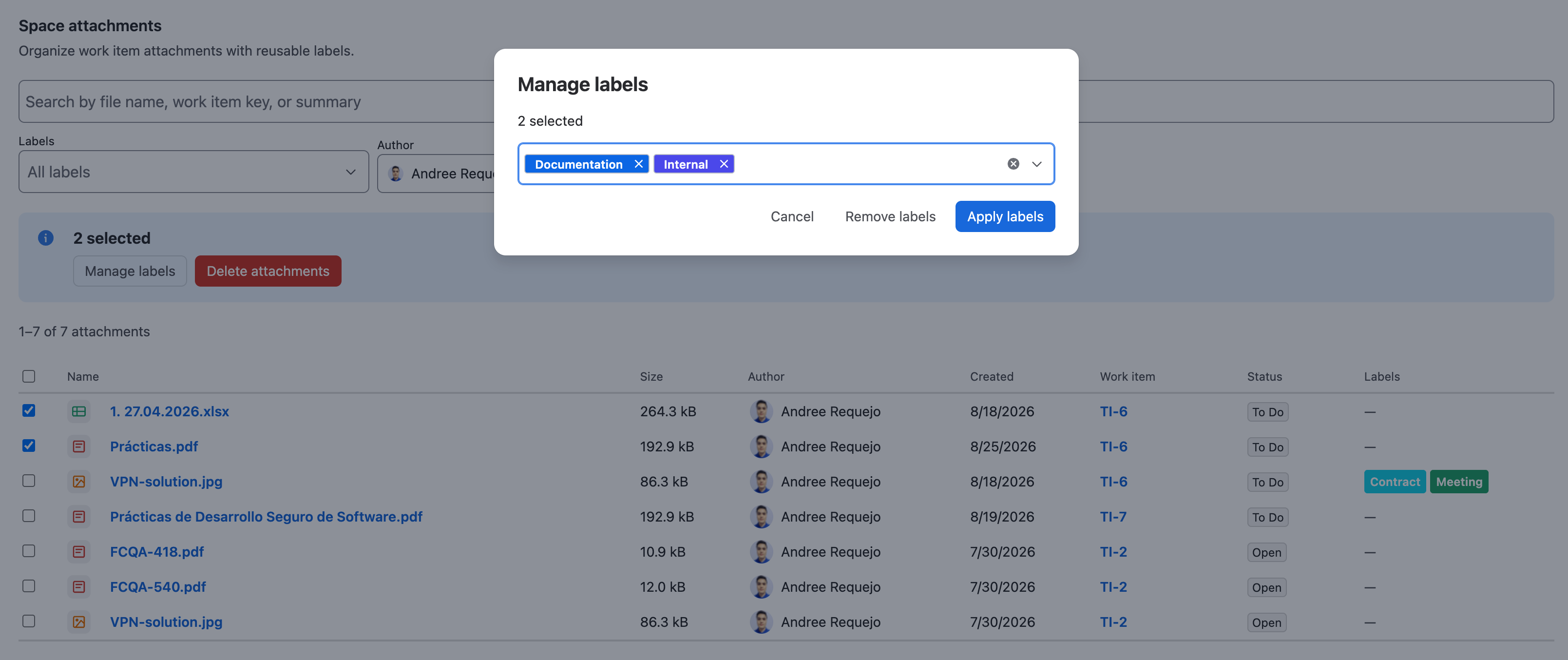 Assign or remove labels in bulk from Space attachments