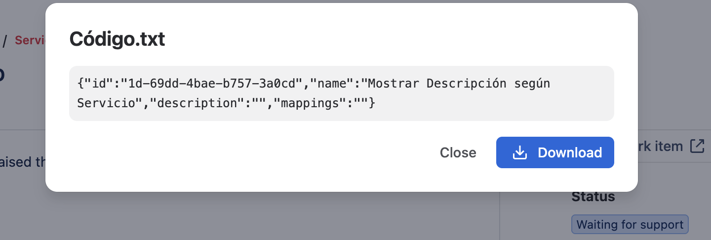 Preview window for a text file on the Jira Service Management portal, with Download and Close buttons