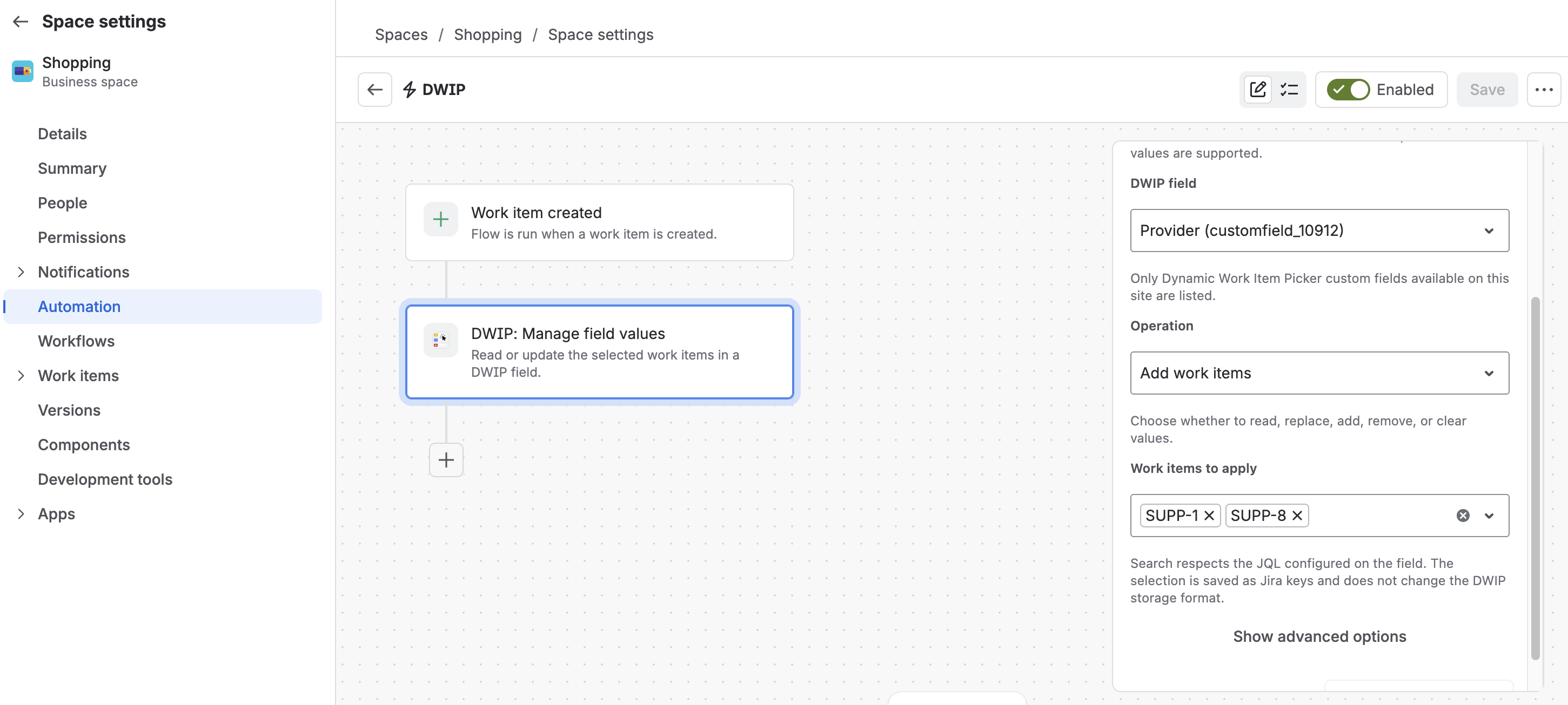 DWIP action in a Jira Automation rule