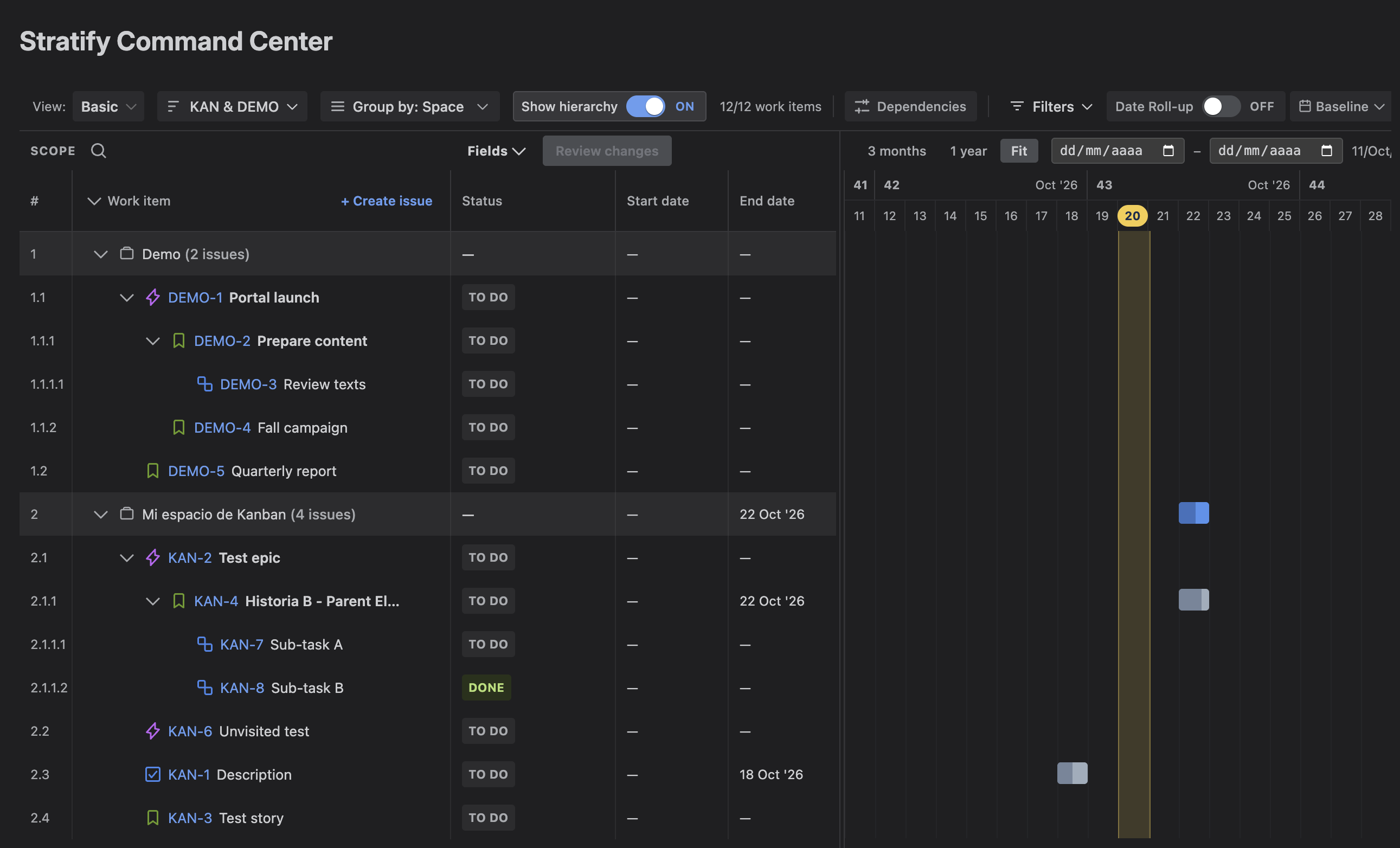 Stratify Command Center with Jira's dark theme