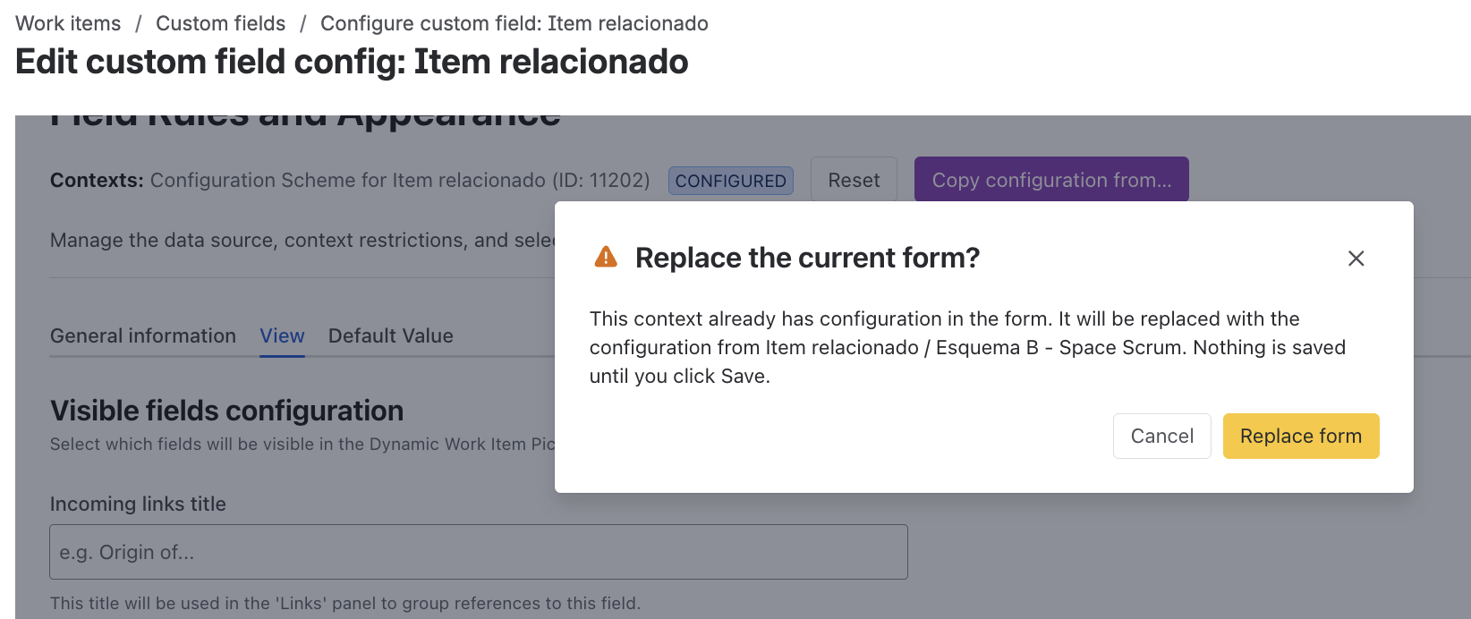 Confirmation before replacing the current form