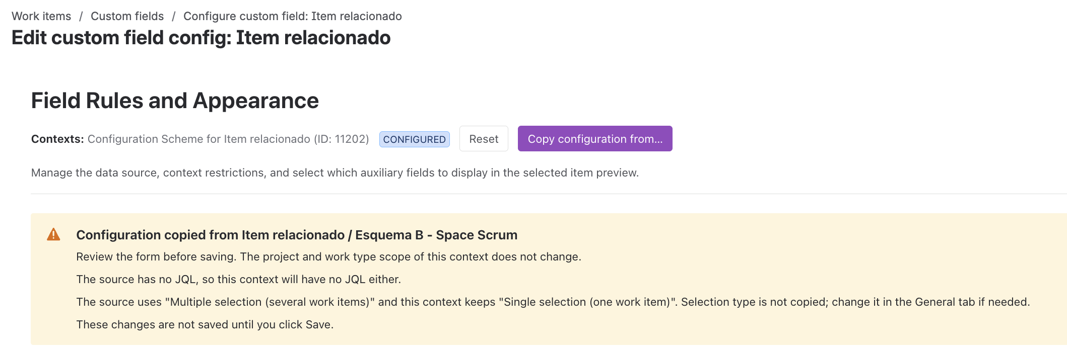 Review notice after copying the configuration